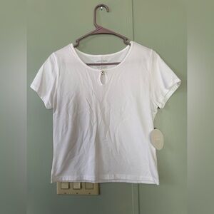 Women's White Short-Sleeve Top Keyhole Cutout W/ Decorative Heart Charm Sz L NWT